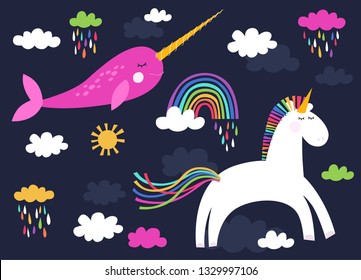 Illustration of the cute narwhal and unicorn