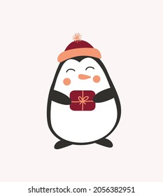 Illustration of a cute new year penguin. Merry christmas and a happy new year. Greeting card. Gives a gift.