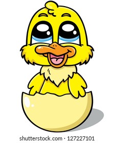 illustration of a cute newborn duck in the shell of the egg