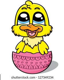 illustration of a cute newborn duck in the shell of the easter egg