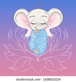Illustration with cute newborn elephant in the flower. Can be used for baby t-shirt print, fashion print design, kids wear, baby shower celebration, greeting and invitation card.