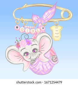 Illustration with cute newborn elephant girl and safety pin.  Can be used for baby t-shirt print, fashion print design, kids wear, baby shower celebration, greeting and invitation card.