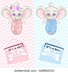 Illustration with cute newborn elephants boy and girl.  Can be used for baby t-shirt print, fashion print design, kids wear, baby shower celebration, greeting and invitation card.