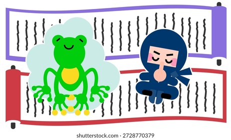 Uma ilustração de um personagem ninja bonito realizando ninjutsu na frente de um pergaminho.