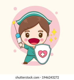 Illustration of cute nurse character with shield and injection