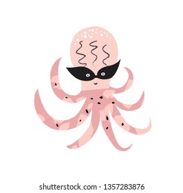 Illustration of a cute octopus in a carnival mask. Vector illustration. For packaging design, children's room, branding, Wallpaper, posters, postcards