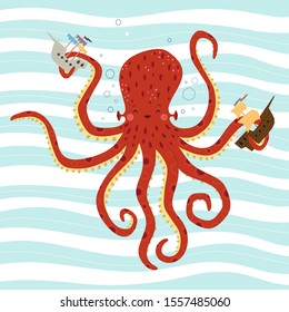 Illustration of a cute octopus on a wavy background. Vector illustration in a Scandinavian style.