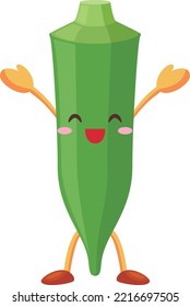 Illustration of a cute okra character happy with both hands up