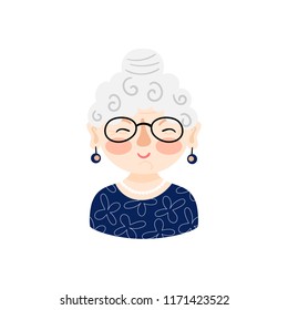 Illustration with a cute old woman with white hair and glasses. Grandmother cartoon character. Vector icon.