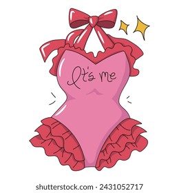 Illustration of a cute one-piece swimsuit with a halter neck type pink swimsuit tied with a ribbon, rich red lace and the words 