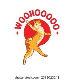 Illustration of a cute orange cat dancing while smiling. With the text behind it saying "Woohooo". Suitable for t-shirts, jackets, hoodies, bags, etc.