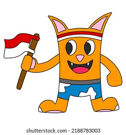 An illustration of a cute orange cat holding an Indonesian flag