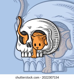 Illustration einer süßen orangefarbenen Katze, die aus der Augensohle eines Schädels herausspringt, in einem gravierten Kunststil mit leicht spuriger und gotischer Note, ist dieses Bild perfekt für Logo- oder Warendesign