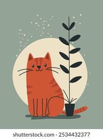 Illustration of a cute orange cat with stripes sitting next to a tall black potted plant. The cat has a friendly and playful expression, with thin whiskers and a simple design. 