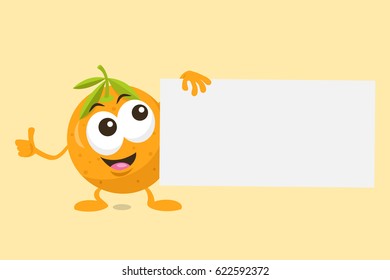 Illustration of cute orange mascot with offer label in his hand. Isolated on light orange background.