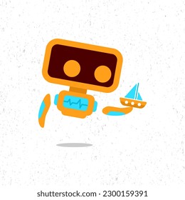 Illustration of a cute orange robot design playing with a toy ship