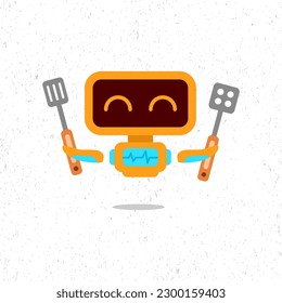 Illustration of cute orange robot design carrying a spatula for cooking isolated