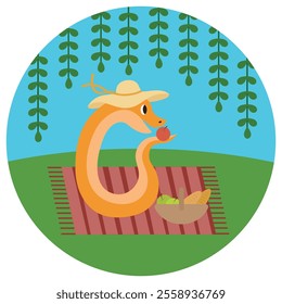 Illustration of a cute orange snake in a hat on a picnic. The snake is holding an apple on a mat, next to a basket with bread and fruit. Summer, vacation.