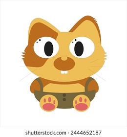 Illustration of a cute orange and yellow cat wearing green clothes