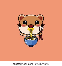 Ilustración de una linda mascota de la caricatura de nutrias comiendo fideos de ramen mientras está de pie