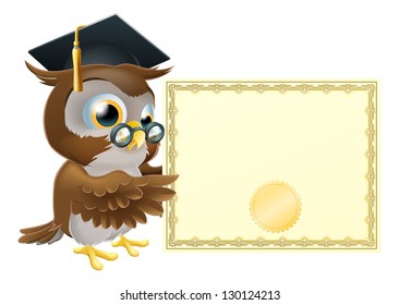 Illustration of a cute owl character in professor's or graduate's mortar board pointing at a diploma certificate background with copyspace