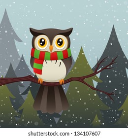 An illustration of a cute owl character wearing a colorful scarf during a snow storm. Eps 10 Vector.