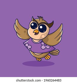 Illustration of cute owl flying in purple floral nightgown