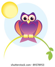 Illustration of a cute owl, with large eyes, sitting on a branch.