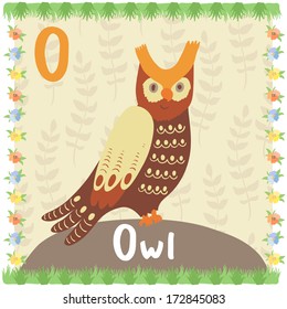 Illustration of cute owl on the background with floral elements. Vector card of animal alphabet
