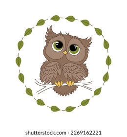 illustration of a cute owl on a branch with leaves	
