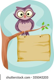 Illustration of a Cute Owl Sitting Above a Wooden Sign