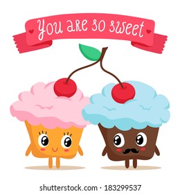 Illustration of a cute pair of cupcakes sharing a cherry, isolated on white
