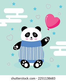 illustration with a cute panda with a balloon