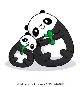 Illustration of cute panda bears eating bamboo in kawaii style, perfect for stickers, patches, etc. EPS10 - Vector