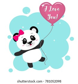 Illustration of a cute panda with a bow holding in the paws a pink ball in cartoon style. Valentine's Day. Vector, flat design.