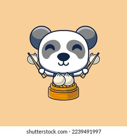 Illustration of cute panda cartoon mascot is eating dim sum