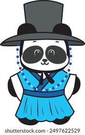 
Illustration of cute panda costume icon.
Funny panda in outfit costume stickers.
A cute panda wearing a blue hanbok with hat 