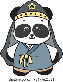 
Illustration of cute panda costume icon.
Funny panda in outfit costume stickers.
A little panda wearing hanbok korean clothes