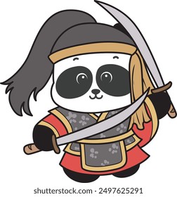 
Illustration of cute panda costume icon.
Funny panda in outfit costume stickers.
A little panda bring two sword with samurai costume