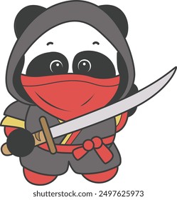 
Illustration von niedlichen Panda Kostüm Ikone.
Lustiger Panda in Outfit Kostümaufkleber.
Ein süßer Panda trägt Ninja Krieger Kostüm mit Maske und Schwert