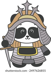 
Illustration of cute panda costume icon.
Funny panda in outfit costume stickers.
A little panda wearing armor japanese costume