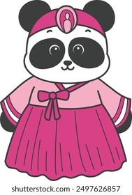 
Illustration of cute panda costume icon.
Funny panda in outfit costume stickers.
A panda girl wearing pink hanbok