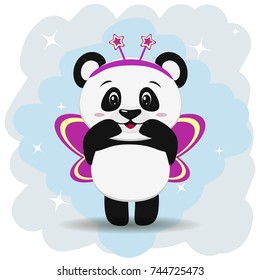 Illustration of a cute panda dressed in a pink butterfly costume, in a cartoon style stands with a raised hand, isolated on a light background. Vector illustration, a flat design.