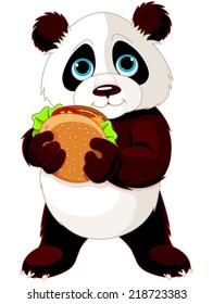 Illustration of cute Panda eats hamburger 