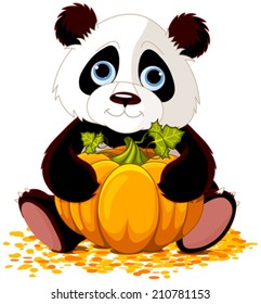 Illustration of cute panda holds pumpkin