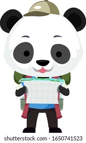 Illustration of a Cute Panda Mascot Explorer Reading a Map and Carrying Back Pack