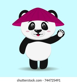 Illustration of a cute panda in a pink hat, in a cartoon style stands with a raised hand isolated on a light background. Vector illustration, Flat design.