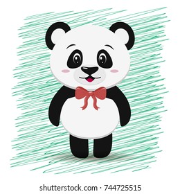 Illustration of a cute panda with a red bow is not neck, in a cartoon style stands isolated on a light background. Vector illustration, a flat design.