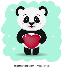 Illustration of a cute panda with a red heart, in a cartoon style stands on a light background. Vector illustration, a flat design.