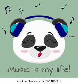 Illustration of a cute panda singer, head in blue headphones, in cartoon style. Vector illustration, a flat design.